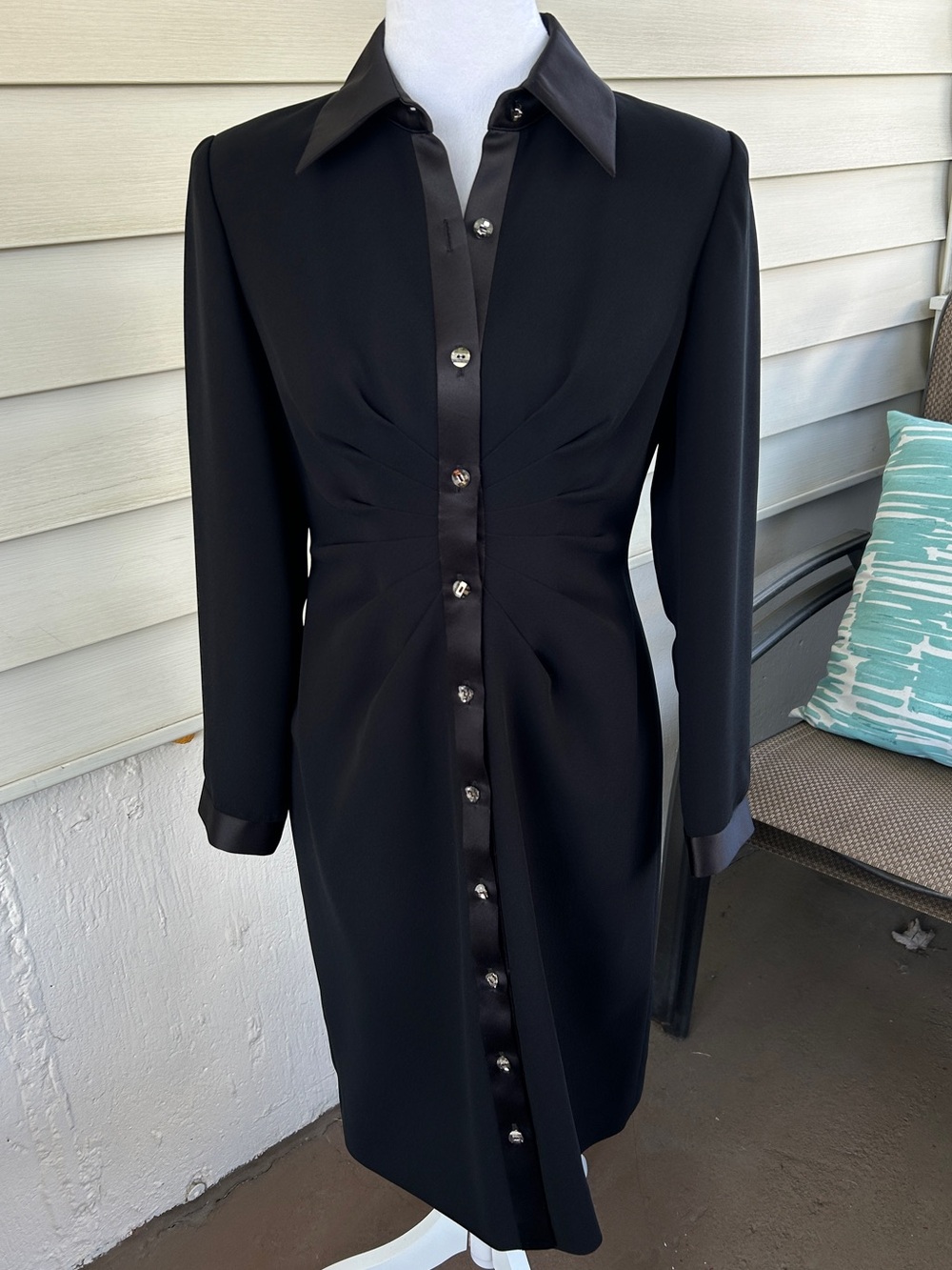 Talbots Petite 4P Black Shirtdress Satin Trim Rhinestone Buttons Long Sleeve LBD